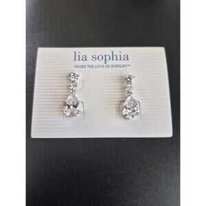 Lia Sophia Earrings Wedding Bells CZ 3 Stone Tear Drop Silver Tone 7 Carat Total